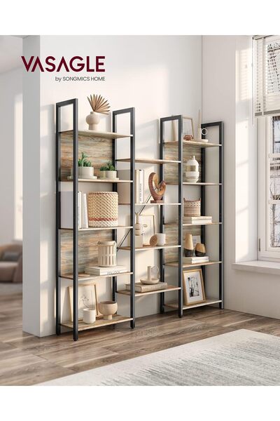 VASAGLE Bookcase with 14 wooden shelves, metal frame, 24x158x166cm, industrial style, black
