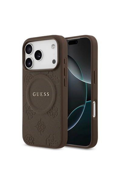 Guess MagSafe PU Leather Case for iPhone 17 Pro Max, Classic Logo & Hot Stamp, MagSafe – Brown