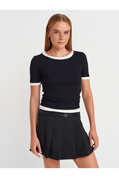Dilvin 31942 Çift Katlı Büzgülü T-shirt-Siyah