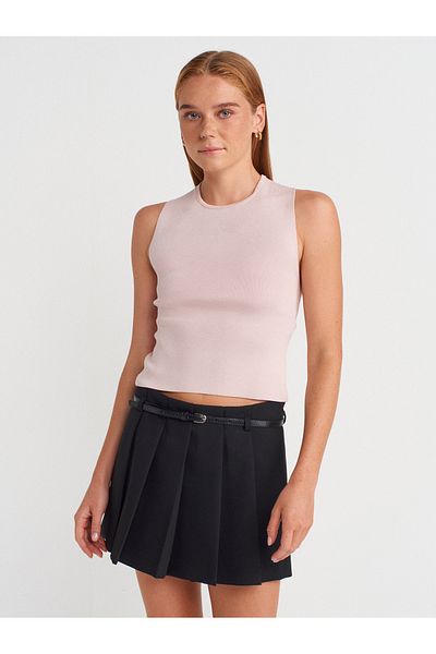 Dilvin 10795 Crew Neck Back Detailed Knitwear Top-Powder