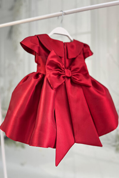 Bertuğ Bebek Red Baby Collar Bird Sleeve Cotton Lined Bow Evening Dress