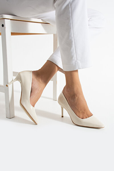 Güllü Shoes Cream Shiny Vegan Leather Heeled Shoes | 7cm Thin Heel |   Stylish Stiletto | Trend Women's Office Evening Dress