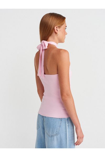 Dilvin 10798 Halter Tie Collar Ribbed Knitwear Blouse-Pink