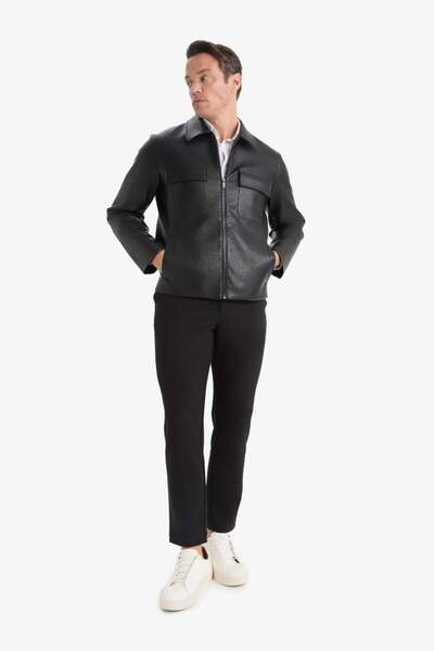 DeFacto New Season Slim Fit Slim Fit Polo Collar Zippered Faux Leather Coat