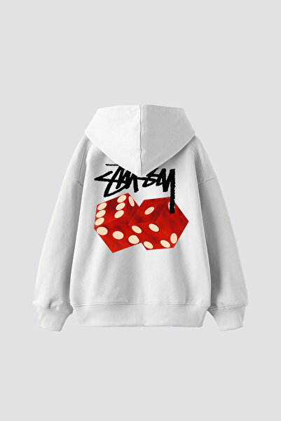 Bak Moda Λευκό φούτερ με κουκούλα με στάμπα Sts Red Dice Oversize Unisex