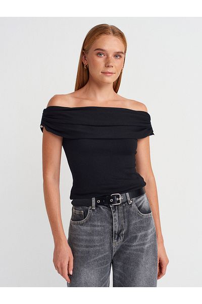 Dilvin 10797 Bardot Collar Metal Detailed Knitwear Blouse-Black