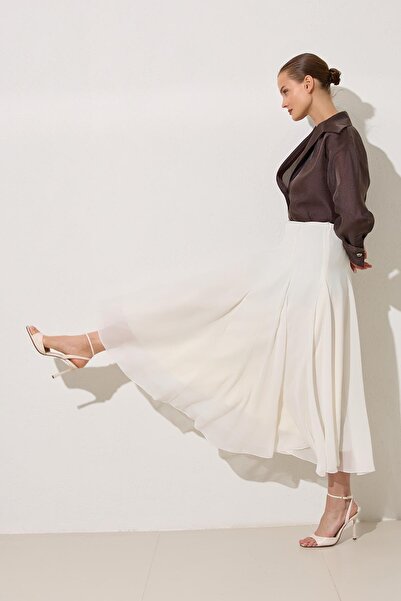 Setre Ekru Tam Kalıp Rahat Kesim Midi Boy Etek