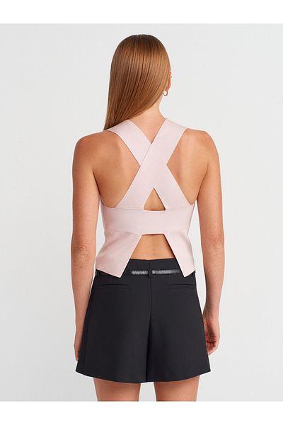 Dilvin 10795 Crew Neck Back Detailed Knitwear Top-Powder