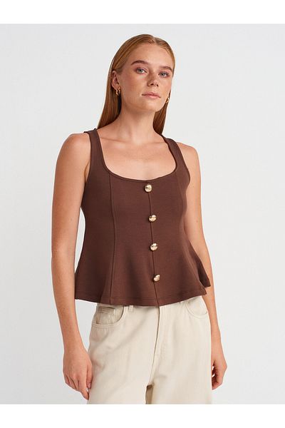 Dilvin 31979 Buttoned Peplum Top-Light Brown