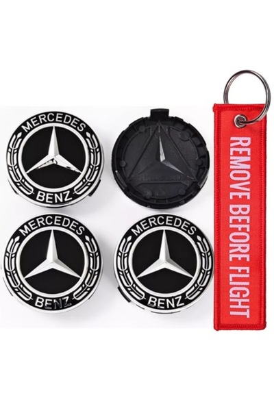 MERCEDES Set 4 wheel caps for 75mm and keychain 'remove before flight'