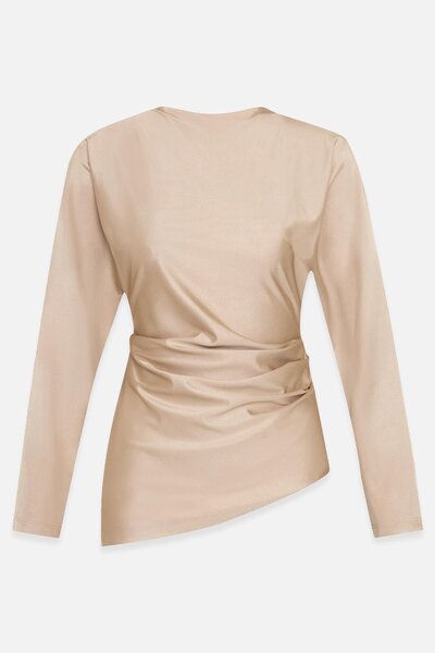 Setre Beige Waist Gathered and Collar Detailed Long Sleeve Blouse