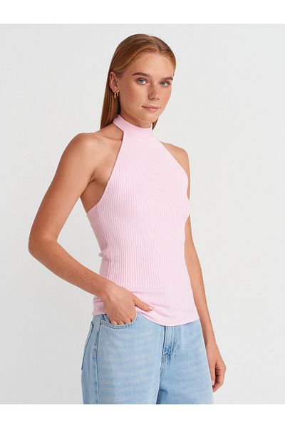 Dilvin 10798 Halter Tie Collar Ribbed Knitwear Blouse-Pink
