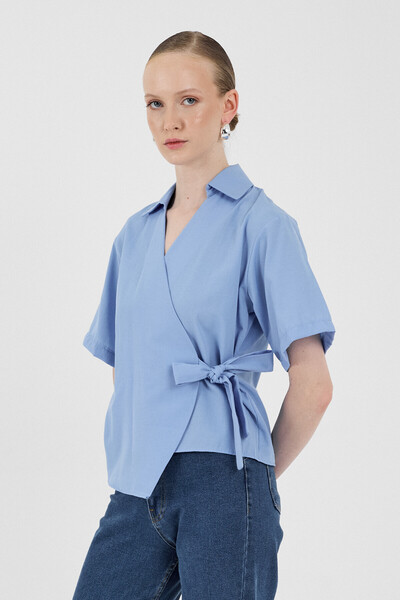 Rays Blue Short Sleeve Side Tie Detailed Blouse 8095A