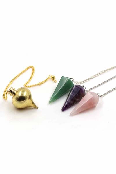 SAURACHI Natural Stone Amethyst-Pink Quartz-Aventurine Stone-Bronze Pandul Pendulum with Chamber Pendulum Set of 4