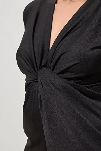 Setre Rochie neagră cu decolteu în V, cu detaliu de șnur, cu detaliu de șnur, lungime midi