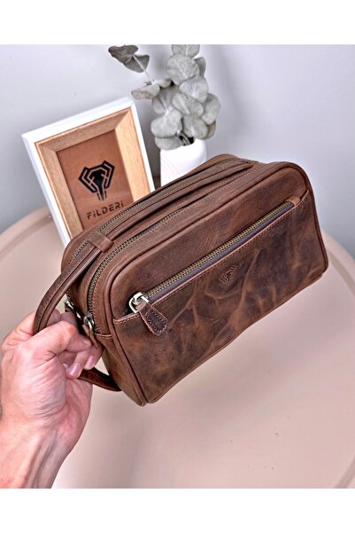 Fil Deri حقيبة يد رجالية كبيرة من الجلد الطبيعي بسحاب لون بني داكن 2104