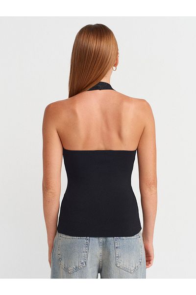 Dilvin 10794 Halter V-Neck Basic Blouse-Black