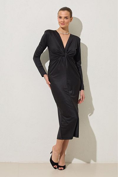 Setre Black V-Neck Gathered Detailed Midi Length Dress