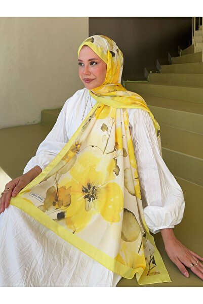 Mira İpek Fransız İpeği Desenli Dökümlü Şal Sarı