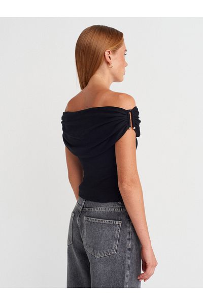 Dilvin 10797 Bardot Collar Metal Detailed Knitwear Blouse-Black