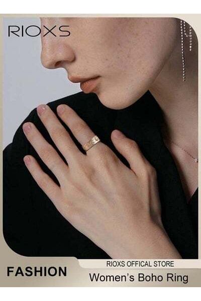 RIOXS 8mm Moon Star Sun Statement Ring Stainless Steel Boho Jewelry for Women