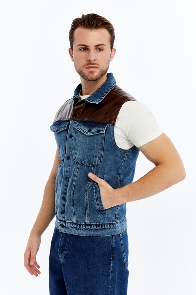 CHOS7N Men's Leather Bonded Denim Vest Snap Closure Niche Design Daily Use