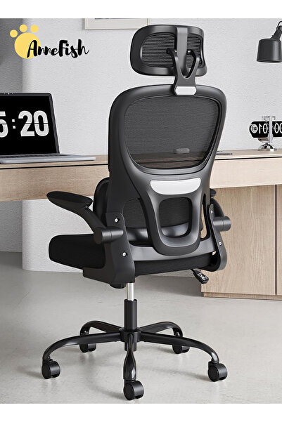 AnneFish كرسي مكتب منزلي مريح من الشبكة، كرسي دوار تنفيذي، كرسي كمبيوتر عملي، مساند ذراع قابلة للطي، مسند رأس