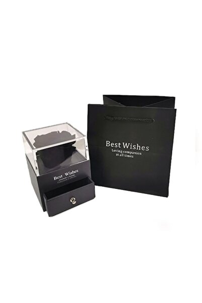 FY FashionForYou Cutie tip sertar cu trandafir negru conservat și pungă cadou, 8x8x10 cm