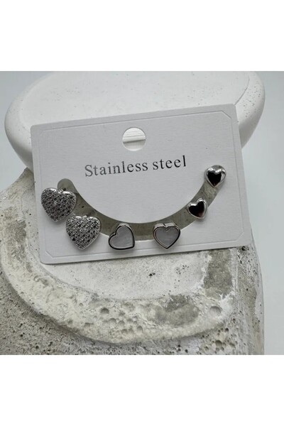 TAKIŞINA Steel Silver Set 3 Pairs Heart Earrings - Silver