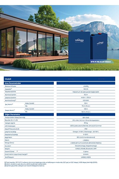 Tommatech 51.2V 100Ah PB Serisi LFP Lityum Batarya