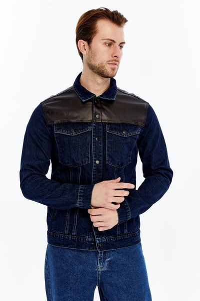 CHOS7N Men's Leather Spliced Denim Jacket Niche Design Daily Use