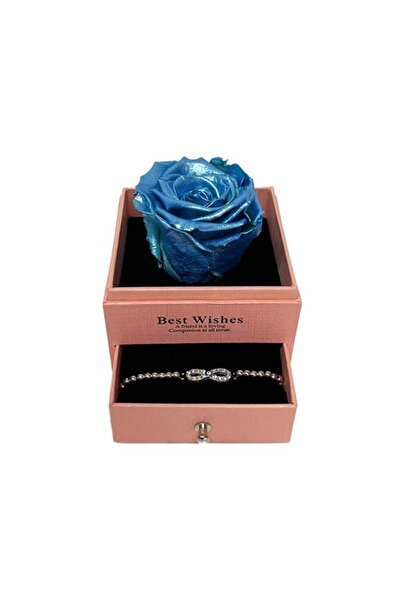 OEM Trandafir criogenat în cutie de culoarea somonului cu sertar, brățară și pungă cadou, albastru metalizat