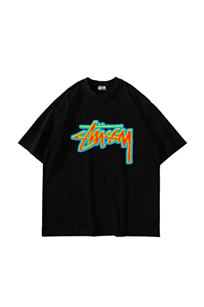 Bak Moda Tricou negru unisex oversize cu imprimeu termic Sts