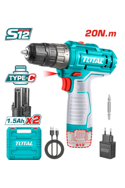 TOTAL LI-ION ÇİFT AKÜLÜ DARBESİZ 12v MATKAP TYPE-C TDLI122028