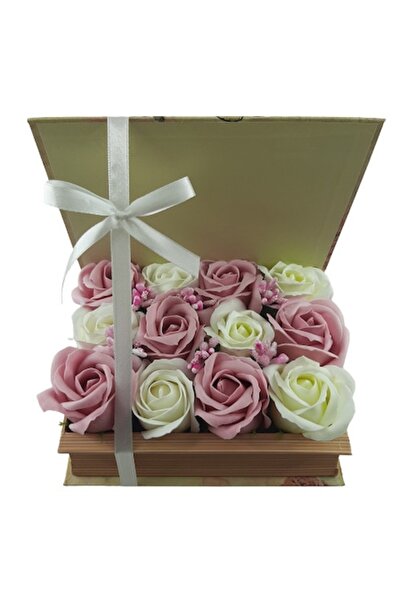 Buchet cu dor Trandafiri albi si rozi de sapun cu fundita alba