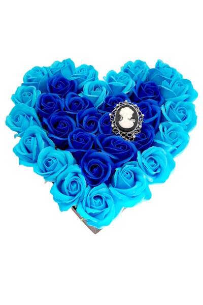 Buchet cu dor Aranjament cu 31 de trandafiri din săpun, turcoaz și albastru, 30x30x17
