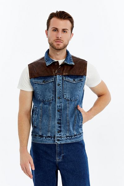 CHOS7N Men's Leather Bonded Denim Vest Snap Closure Niche Design Daily Use