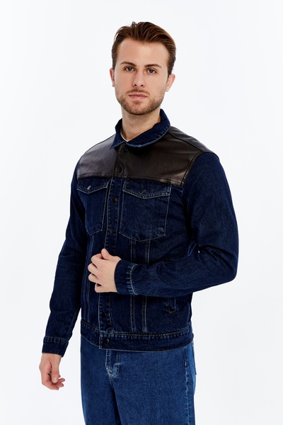 CHOS7N Men's Leather Spliced Denim Jacket Niche Design Daily Use
