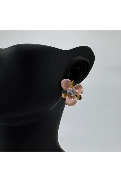 TAKIŞINA Special Series Steel Pink Stone Earrings - Gold