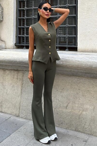 Lijuri Modal Suit with Gold Buttoned Vest and Spanish Pants - Khaki