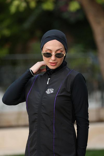 NS TASARIM MAYO Vera Model Purple Striped Stone Detailed Design Hijab Double Swimsuit Set