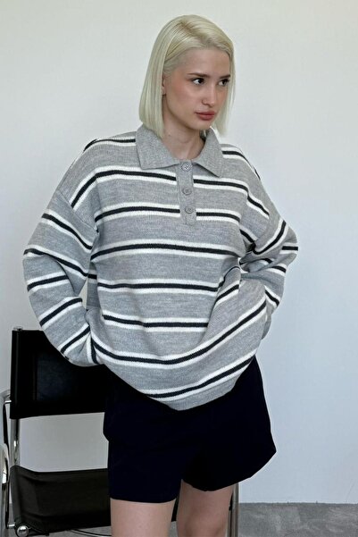 Madmext Gray Polo Collar Striped Women's Knitwear Sweater Mg2469
