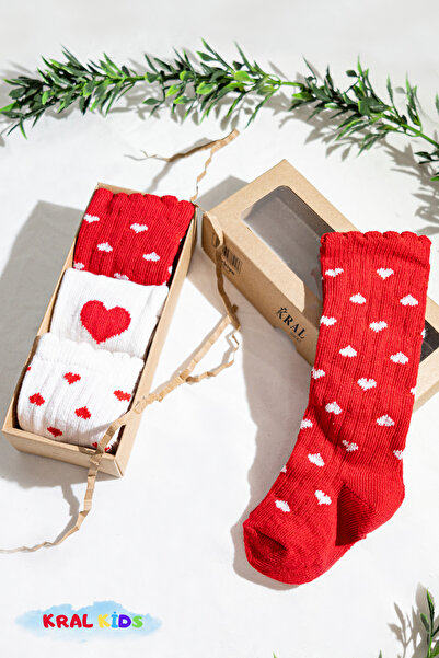 KRAL SOCKS 3 Pairs Boxed Heart Patterned Baby Socks - Long Cotton Socks Set / 6-18 Months