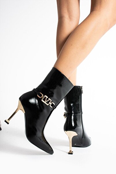 golden heel Γυναικείες μπότες με τακούνι 8,5 cm μαύρο λουστρίνι με λεπτομέρει...