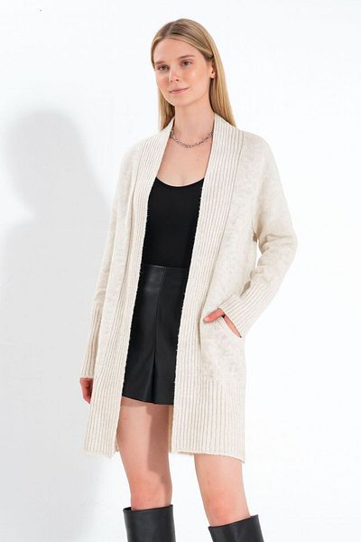 NATUFIAN STORE Women's Stone Color Soft Ribbed Pocketed Long Basic Knitwear Cardigan