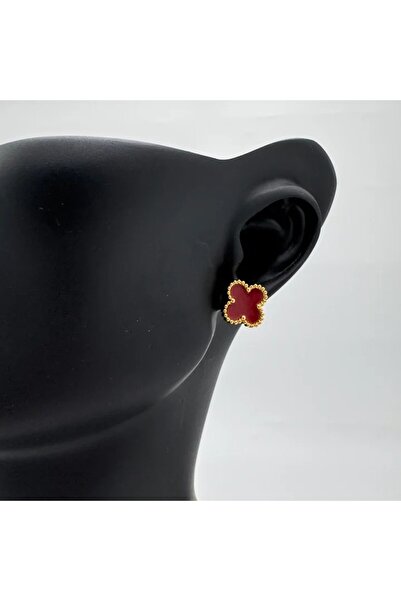 TAKIŞINA Steel Gold Burgundy Clover Detail Trend Earrings - Gold