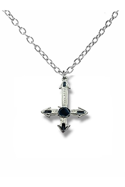 Herşey Nota Siyah Gotik Ters Haç Figürlü Unisex Kolye – 60 cm Zincirli, Alter...
