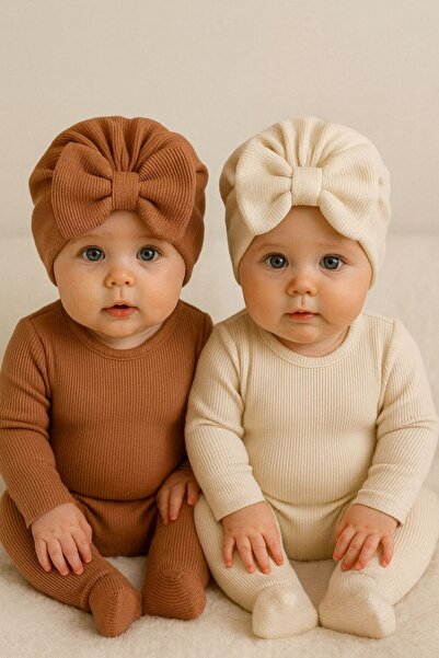 Pico Baby Σετ 2 Βρεφικές Καπέλες Διπλής Στρώσης με Φιόγκο-Κρεμ/Καφέ