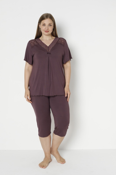Cotpark Women's Plus Size Viscose Elastane Fabric Short Sleeve Capri Suit 14688