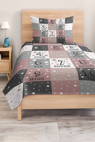 Realhomes Numbers and Stars Patterned Powder Pink Gray Children's and Teenager's Room Pique Set